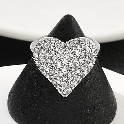 Прозрачный Кольца-манжеты в форме сердца из латуни с микропаве из кубического циркония для женщин, без кадмия и без свинца, стойки покрытие, платина, прозрачные, 15.4~16.8 мм