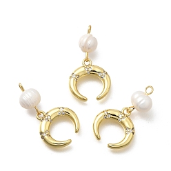 Луна Латунные микро проложить кубического циркония подвески, стойки покрытие, долговечный, без кадмия и без свинца, реальный 18 k позолоченный, с натуральной жемчужиной, луна, 23.5 мм, отверстие : 1.8 мм