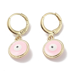 Pink Golden Brass Dangle Leverback Earrings, with Enamel, Evil Eye, Pink, 26.5x11mm