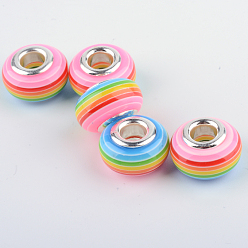 Светло-Голубой Cmолы европейские шарики, бусины с большим отверстием, с посеребренной латуни двойные сердечники, полоса, рондель, Небесно-голубой, 14x8~8.5 мм, отверстие : 5 мм