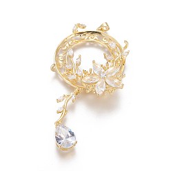 Золотой Латунный микро-паве кубический цирконий большой подвесной кабошон настройки, открытая задняя панель, цветок, прозрачные, золотые, 83.5x46x13 мм, отверстия: 3x4 mm, Внутренний диаметр: 34 mm