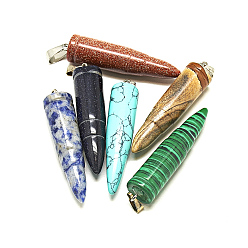 Mixed Stone Natural & Synthetic Mixed Stone Pointed Pendants, with Stainless Steel Snap On Bails, Bullet, Stainless Steel Color, 43~44x10mm, Hole: 6x2.5mm