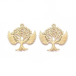 Настоящее золото 18K 304 полое дерево жизни из нержавеющей стали с подвесками в виде ангельских крыльев, ионное покрытие (ip), реальный 18 k позолоченный, 38.5x39x1.5 мм, отверстие : 2 мм