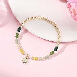 Смешанные камни Браслеты с подвесками из латуни с клевером, Браслеты из окрашенного натурального малазийского нефрита и гальванически покрытых немагнитных синтетических гематитовых бусин, эластичные, для женщин., внутренний диаметр: 2.20 дюйм (5.6 см)