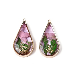 Flamingo Epoxy Resin Pendants, Teardrop & Dried Flower Charms, with Sequins & Glitter Powder & Light Gold Plated Brass Edge and Loop, Flamingo, 30.5x16x5~6mm, Hole: 1.6mm