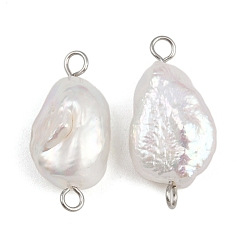 Нержавеющая Сталь Цвет Подвески-коннекторы из натурального пресноводного жемчуга Кеши, с 304 двойными петлями из нержавеющей стали, белые, цвет нержавеющей стали, 22~24.5x11.5~13.5x5.5~8.5 мм, отверстие : 1.8~2.5 мм