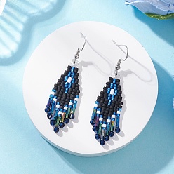 Синий Серьги-подвески из синтетической шпинели в форме ромба, со стеклом, платина, синие, 59x19 мм