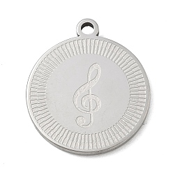 Musical Note Pendentifs en acier inoxydable, charmes rondes plates, couleur inox, note de musique, 201mm, Trou: 24.5x21.5x2mm