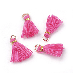 Hot Pink Polycotton(Polyester Cotton) Tassel Pendant Decorations, Mini Tassel, with Iron Findings and Metallic Cord, Light Gold, Hot Pink, 10~15x2~3mm, Hole: 1.5mm