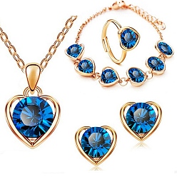 Azul Conjunto de joyas de corazón de cristal, Collar con colgante de aleación de oro claro, pulsera de cadena, aretes y anillo ajustable, azul, 450 mm, 11x12 mm, diámetro interior: 17 mm, 230 mm