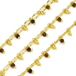 Тигровый глаз Граненые цепочки из натурального тигрового глаза ручной работы, пайки, с катушкой, долговечный, реальный 18 k позолоченный, без свинца и без кадмия, овальные ссылки: 8x4x1.5 мм, бусины : 3~3.5 мм