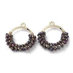 Черный Латунное кольцо с подвесками из бисера, пончики, чёрные, 25x24x5.5 мм, отверстие : 1.6 мм