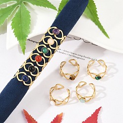 Смешанные камни Полое сердце 304 открытые манжетные кольца из нержавеющей стали, кольцо из натурального камня для женщин, реальный 18 k позолоченный, ионное покрытие (ip), 10 мм, регулируемый