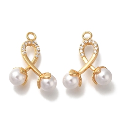 Настоящее золото 18K Латунные микро проложить кубического циркония подвески, с ABS имитации жемчуга, вишня, реальный 18 k позолоченный, 20x16x6.5 мм, отверстие : 2 мм