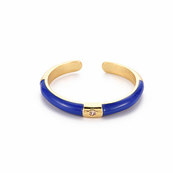 Blue Brass Enamel Cuff Rings, Open Rings, with Clear Cubic Zirconia, Nickel Free, Golden, Blue, US Size 8(18.1mm)