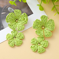 Желто-Зеленый Серьги-гвоздики с цветочной латунной фурнитурой из рафии, золотые, желто-зеленый, 64 мм