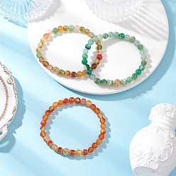 Color mezclado 3 piezas 3 colores ágata roja natural y ágata rayada/ágata con bandas y ágata verde pavo real (teñida y calentada) y conjuntos de pulseras elásticas de cuentas redondas de latón para mujeres, dorado, color mezclado, diámetro interior: 2-1/4 pulgada (5.7 cm), 1 pc / color