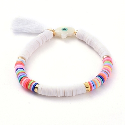 PapayaWhip Handmade Polymer Clay Heishi Beads Stretch Bracelets, with Cotton Thread Tassel Pendants and Natural Freshwater Shell Beads, Palm with Evil Eye, PapayaWhip, 2-1/4 inch(5.8cm)
