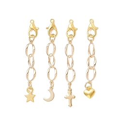 Золотой 4шт. латунный овальный удлинитель звена, Цепочки с застежками-карабинами из цинкового сплава и подвесками из нержавеющей стали и сплавов., звезда, луна, крест и сердце, золотые, 304 мм, отверстие : 50 мм