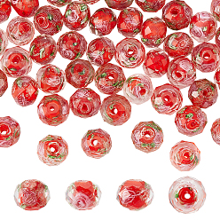 Красный Ручной золотой песок бусины бисер нитей, со цветком внутри , граненые, шайба, красные, 9~10x7~8 мм, отверстие : 2 мм, около 60 шт. / нитка, 17.3 дюйм