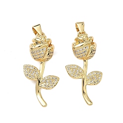 Настоящее золото 14K Латунные микропаве прозрачные подвески с фианитом, прелести цветка розы, реальный 14 k позолоченный, 31x15x10 мм, отверстие : 4x3.5 мм