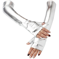 Серебро Длинные перчатки без пальцев из полиэстера, металлические перчатки для женского костюма для косплея, серебряные, 415x110x1.5 мм