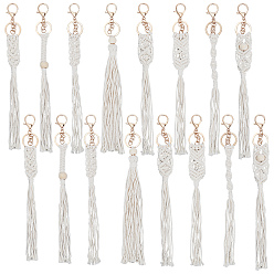 Bisque Cotton Knitting Tassel with Wood Beads Keychains, with Iron Lobster Claw Clasps & Ring, Bisque, 27.4~30cm, 8pcs/set