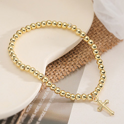 Настоящее золото 18K Браслеты с подвесками из латуни с прозрачным кубическим цирконием, круглые бусины эластичные браслеты для женщин, крестик, реальный 18 k позолоченный, 7.87 дюйм (20 см)