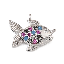 Platinum Brass Micro Pave Colorful Cubic Zirconia Charms, Fish Charms, Rack Plating, Long-Lasting Plated, Cadmium Free & Lead Free, Platinum, 11x14x3mm, Hole: 0.6mm