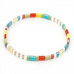 Colorful Bohemian Rainbow Glass Flat Double-Hole Bead Striped Women's Stretch Bracelets for Women, Colorful, 6.89 inch(17.5cm)