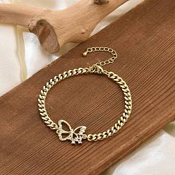 Бабочка Латунные браслеты с микропаве из чистого кубического циркония, цепи панциря ювелирные изделия для женщин, реальный 18 k позолоченный, бабочка, 7-1/8 дюйм (18 см), Бабочка: 16.5x20.5x2.5 mm