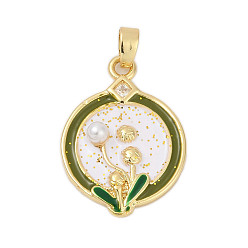 Настоящее золото 18K Латунные микро проложить кубического циркония подвески, с пластиковым искусственным жемчугом и эмалью, плоский круглый с цветными чарами, стойки покрытие, прочное покрытие, без кадмия и без свинца, реальный 18 k позолоченный, 23x17x4.5 мм, отверстие : 3.5x3 мм