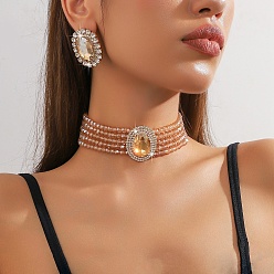 Перу Овальный комплект из латунных, стеклянных и пластиковых бусин с цепочкой-ошейником и серег-гвоздиков, Перу, 280 мм