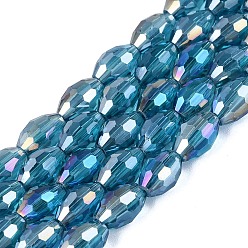 Steel Blue Electroplate Transparent Glass Beads Strands, Rice, AB Color Plated, Faceted, Steel Blue, 8~8.5x5.5~6mm, Hole: 1~1.2mm, about 67~68pcs/strand, 21.46~22.24 inch(54.5~56.5cm)