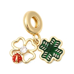 Клевер Латунное микропейв с кубическим цирконием европейские подвески с подвесками, Подвески с большими отверстиями и зеленой эмалью, настоящее золото 18к позолота, без кадмия и без свинца, долговечный, стойки покрытие, клевер, 26.5 мм, отверстие : 4.5 мм