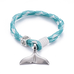 Cyan Mult-strand Bracelets, with Polyester & Spandex Cord Ropes , Alloy European Cube Beads, 304 Stainless Steel Pendants, Whale Tail Shape, Cyan, 7-5/8 inch(19.5cm)