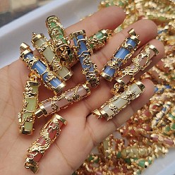 Mixed Color Synthetic Luminous Stone Column Pendants, Golden Plated Alloy Dragon Wrapped Charms, Mixed Color, 36x11mm