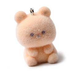 Медведь Флокированные подвески из непрозрачной смолы, с платиновыми тоновыми железными петлями, деревесиные, медведь очарование, 30.5x22x23 мм, отверстие : 2 мм