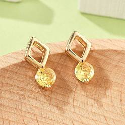 Желтый Серьги-гвоздики в форме ромба и плоского круглого кубического циркония из латуни с микропаве для женщин, без кадмия и без свинца, долговечный, стойки покрытие, золотые, желтые, 13.5x7 мм