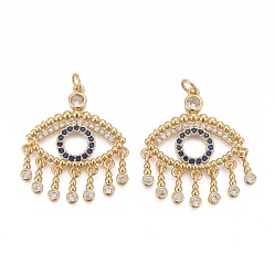 Настоящее золото 18K Латунные микропаве прозрачные подвески с фианитом, с прыжковых колец, долговечный, конский глаз с плоскими круглыми подвесками, реальный 18 k позолоченный, 31x27x2.5 мм, отверстие : 3 мм