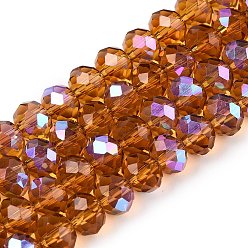 Темно-Золотистый Стеклянные бусины с гальваническим покрытием , с половиным покрытием цвета радуги, граненые, рондель, темные золотарник, 8x6 мм, отверстие : 1 мм, около 60~62 шт / нитка, 39~40 см