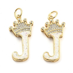 Letter J Латунные микропаве прозрачные подвески с фианитом, без кадмия и без свинца, с синтетическим опалом, реальный 18 k позолоченный, с целью перехода в кольце, буква J, 26.5~33x14~23.5x3.5~4.5 мм, отверстие : 4.5 мм
