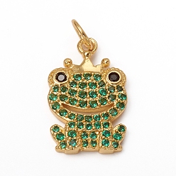 Золотой Латунные микро-паве зеленые кубические циркониевые подвески, с прыжковых колец, долговечный, лягушка с короной, золотые, 18x11x2 мм, переходное кольцо: 5x0.7 мм, внутренний диаметр: 3.6 мм