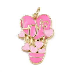Ярко-Розовый Латунь эмаль подвески, сердце со словом любовь прелести, стойки покрытие, без кадмия и без свинца, долговечный, реальный 18 k позолоченный, ярко-розовый, 21x14.5x2 мм, отверстие : 3.2 мм