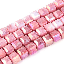 Светло-Коралловый Антикоррозийные гальванические стеклянные бусины, имитация драгоценных камней, кубические, с покрытием AB цвета, граненые, два тона, свет коралловый, 5.5~6.5x5.5~5.5~6.5x5.5~5.5~6.5 мм, отверстие : 1~1.2 мм, около 58~63 шт / нитка, 13.39~14.49'' (34~36.8 см)