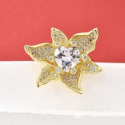 Настоящее золото 18K Манжеты из латуни с микро паве кубический цирконий для женщин, без кадмия и без свинца, цветок, реальный 18 k позолоченный, 27.5x31.5 мм