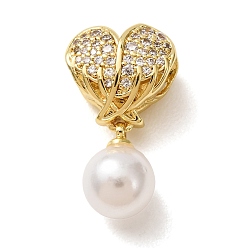 Golden Brass Micro Pave Clear Cubic Zirconia & ABS Imitation Pearl Pendants, Heart Charms, Golden, 21x12x8mm, Hole: 3.2mm