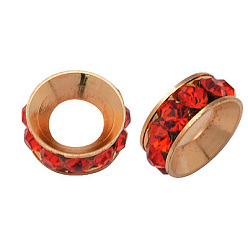 Светло-сиамский Латунные бусины разделители для поставки стразов, класс А, рондель, розовое золото , Light Siam, 9 мм, отверстие : 4 мм