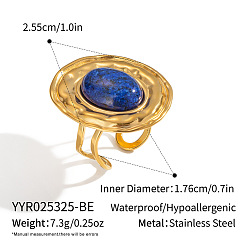 Ляпис-Лазурь Овальные 304 открытые манжеты из нержавеющей стали с натуральным лазуритом для женщин, реальный 18 k позолоченный, 25.5 мм, внутренний диаметр: 17.6 мм