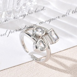 Platinum Brass Pave Cubic Zirconia Earrings Cuff Open Rings, Round & Heart & Rectangle, Rack Plating, Long-Lasting Plated, Cadmium Free & Lead Free, Platinum, 16.5mm, US Size 7 1/4(17.5mm)